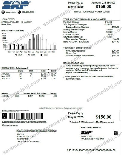 USA SRP utility bill template in Word and PDF formats